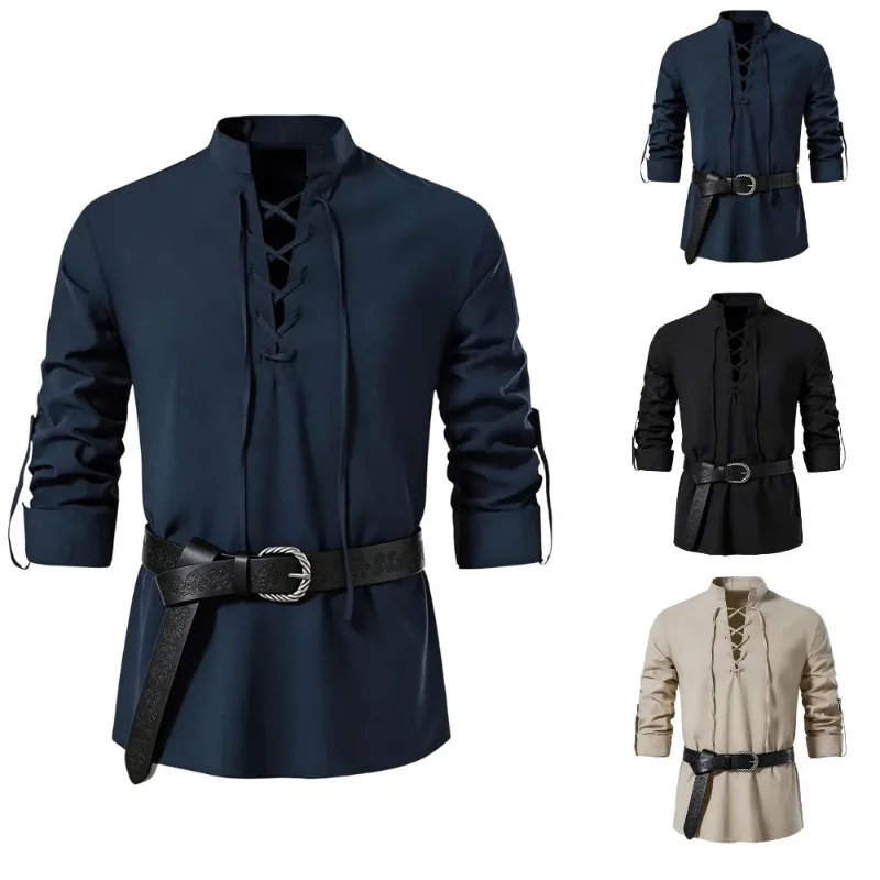 Men Medieval Viking Shirt Stan - Medieval Gothic Lace Up Pirate Shirt ulasan dan harga